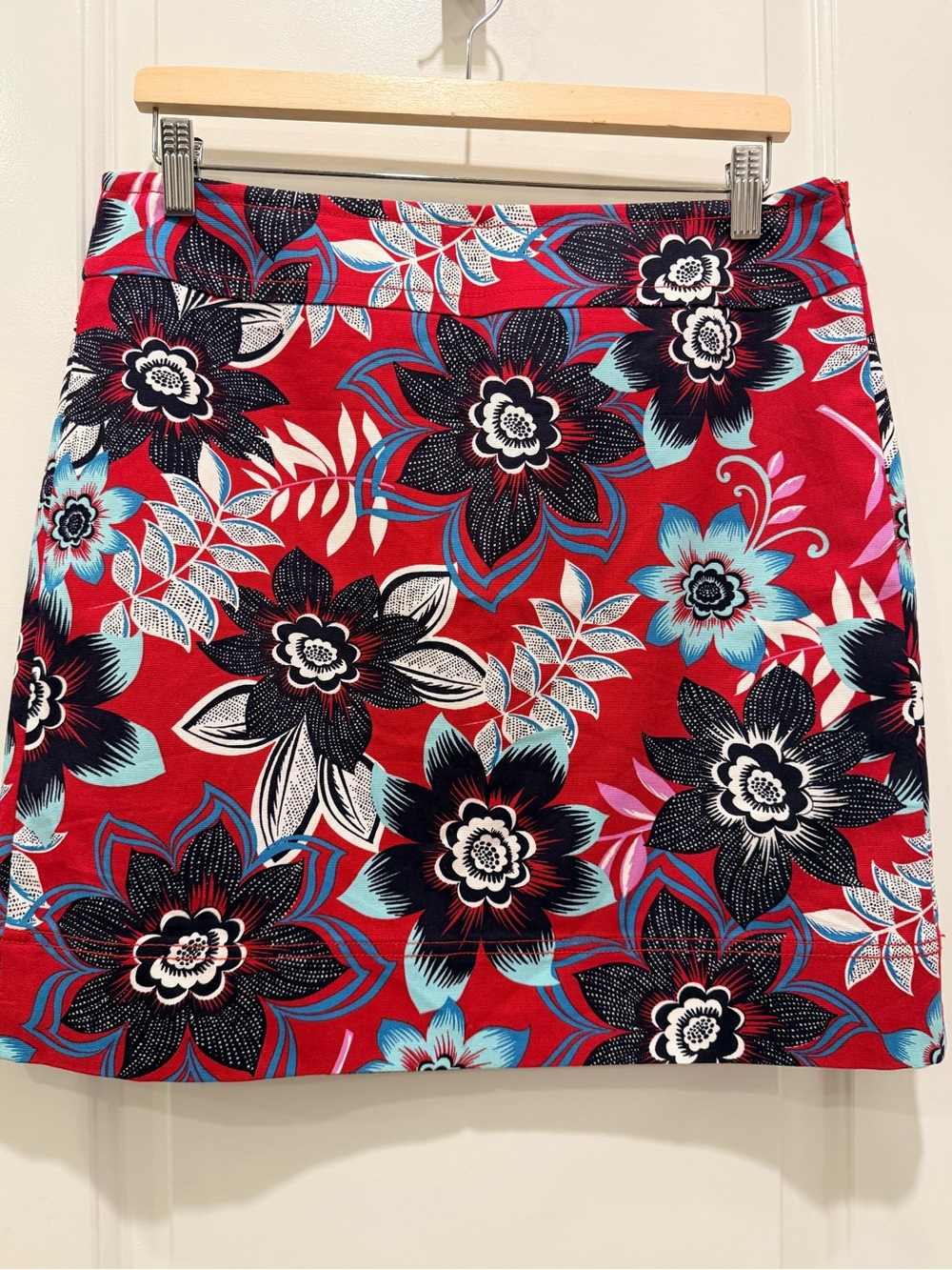 Talbots Red Floral A-Line Skirt with Blue and Black Floral Design